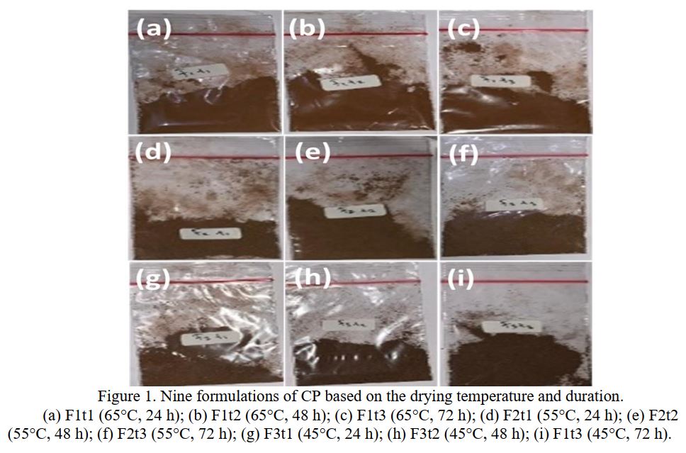 Figure 1. Nine formulations of CP based on the drying temperature and duration.