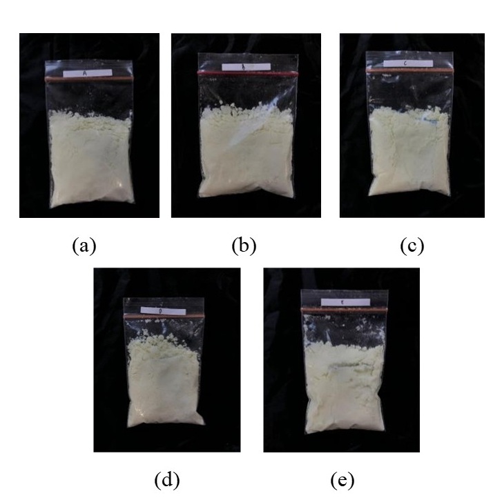 Figure 1. Probiotic instant milk with different encapsulant ratios. (a) 100% MD:0% GA, (b) 80% MD:20% GA, (c) 70% MD:30% GA, (d) 60% MD:40% GA, (e) 50% MD:50% GA.