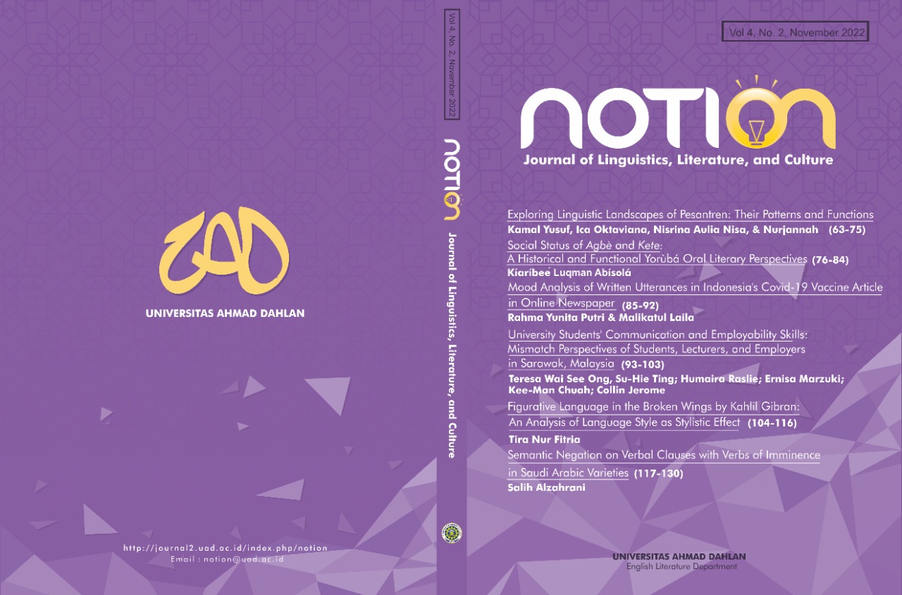 					View Vol. 4 No. 2 (2022): NOTION: Journal of Linguistics, Literature, and Culture
				
