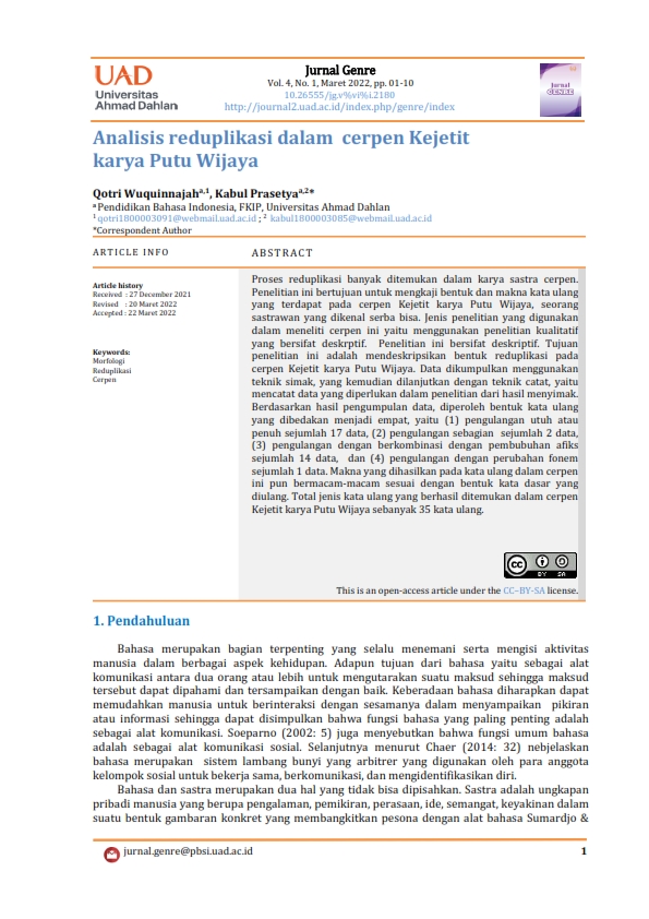 Analisis reduplikasi dalam cerpen Kejelit karya Putu Wijaya